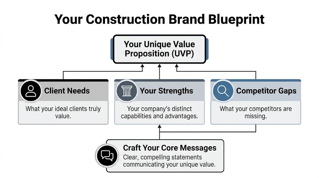 A diagram illustrating the core components of building a unique value proposition for a construction brand.