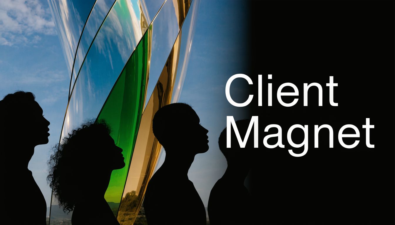 Silhouettes of four people looking upward against a modern reflective glass building background with text overlay.