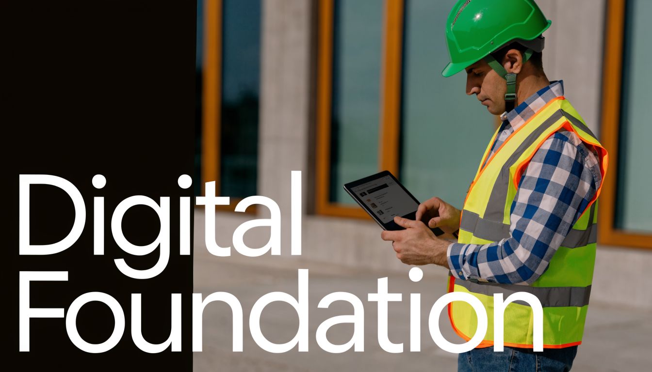 A construction manager in a safety vest and green helmet using a digital tablet at a site.