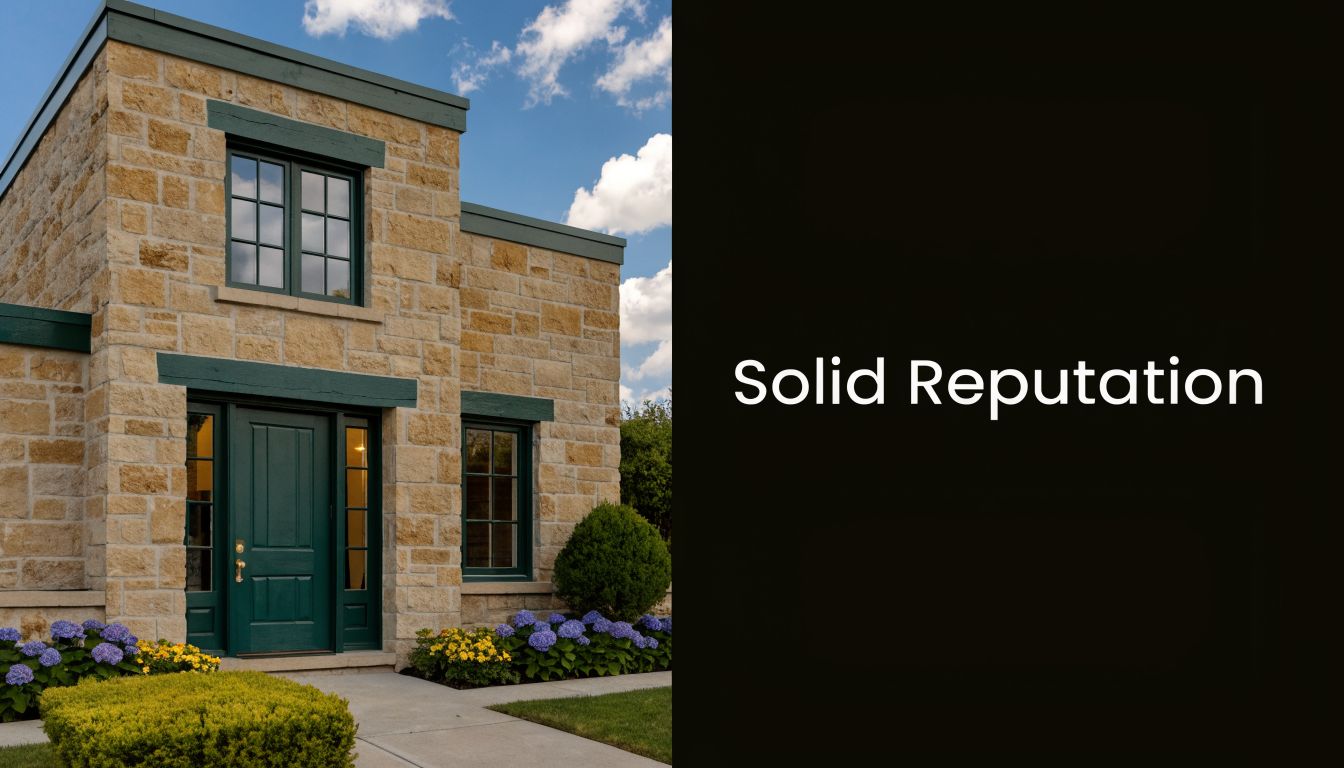 A beautiful stone house facade featuring a green front door and windows with vibrant flowers outside.