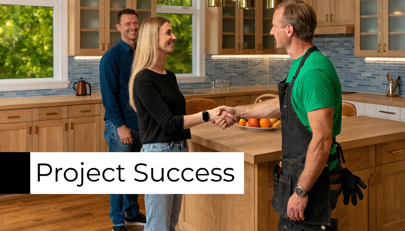 A woman shaking hands with a professional builder in a modern kitchen while a man watches smiling.