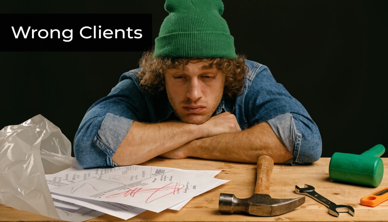A tired-looking craftsman in a beanie sitting at a wooden table with tools and marked documents.