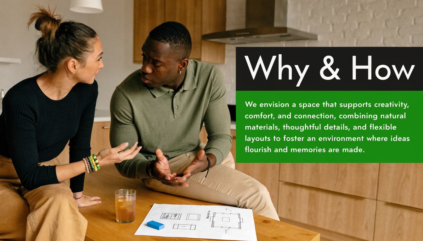 A man and woman discussing home design plans while sitting together at a wooden table in a kitchen.