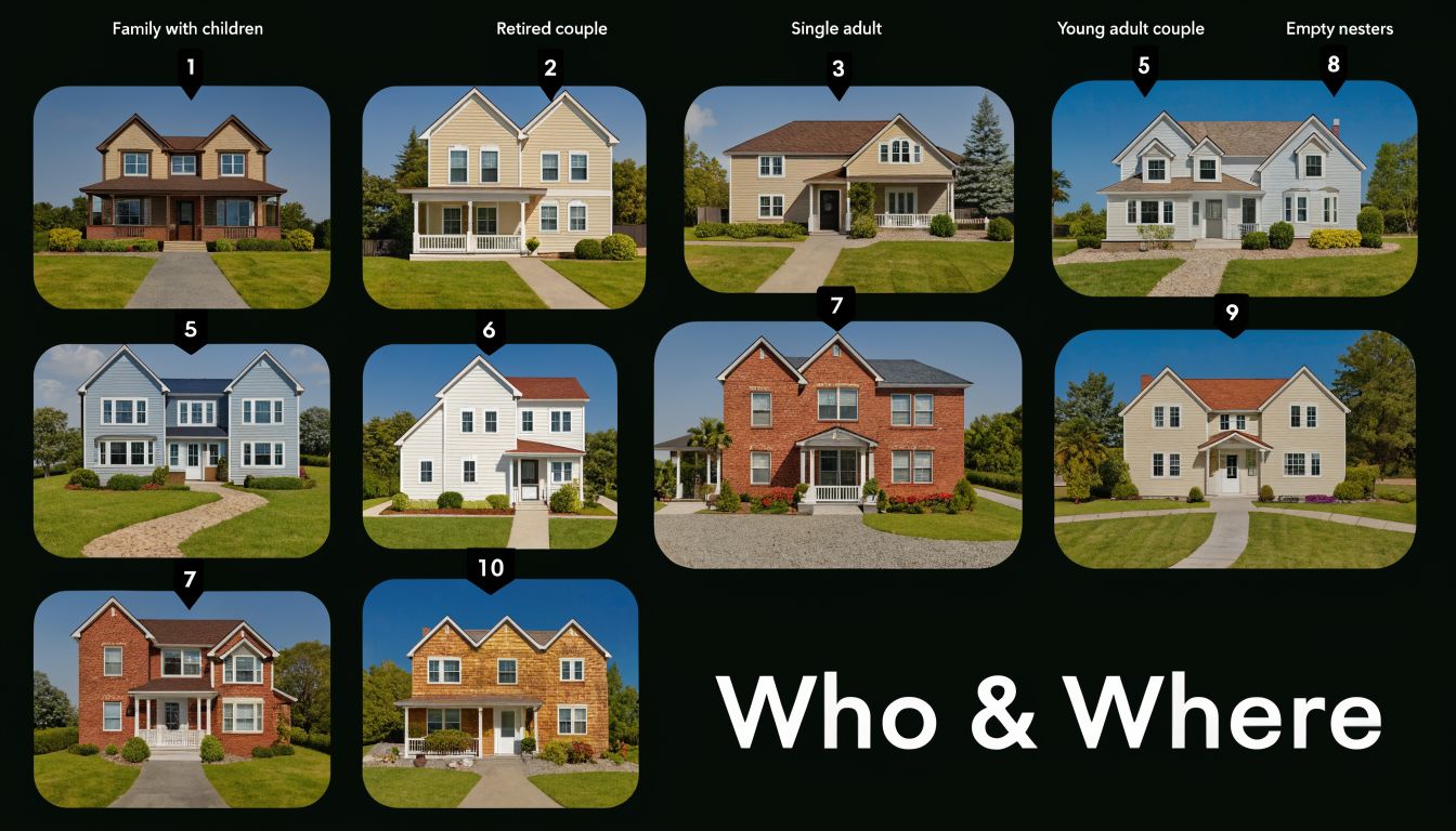 A grid of residential homes labeled with demographic categories including family, retired couple, single adult, and empty nesters.