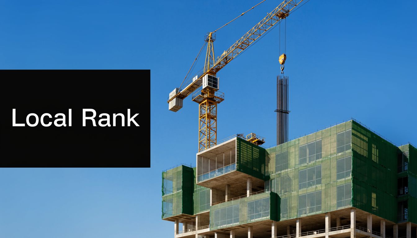 A large yellow construction crane towering over a building under development with safety netting against a blue sky.