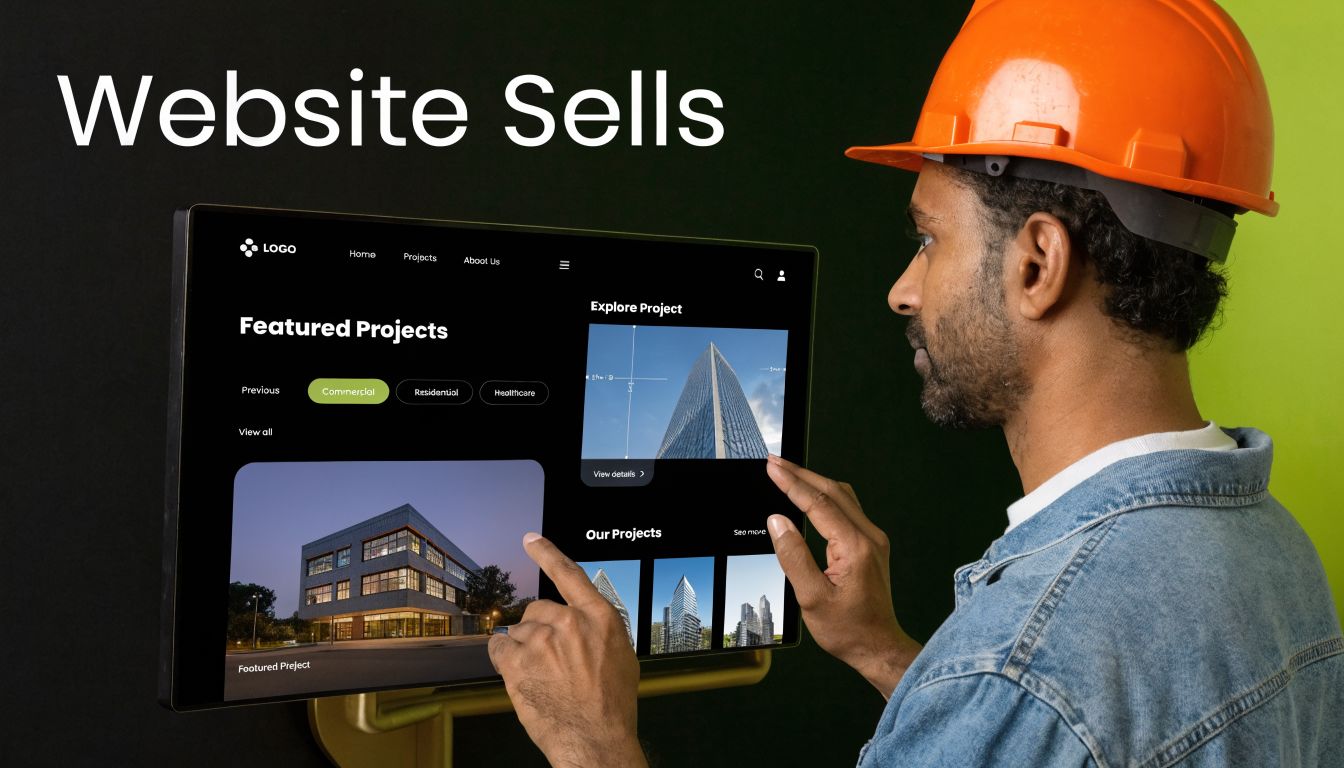 A construction worker in a hard hat interacting with a digital interface displaying construction company project portfolios.