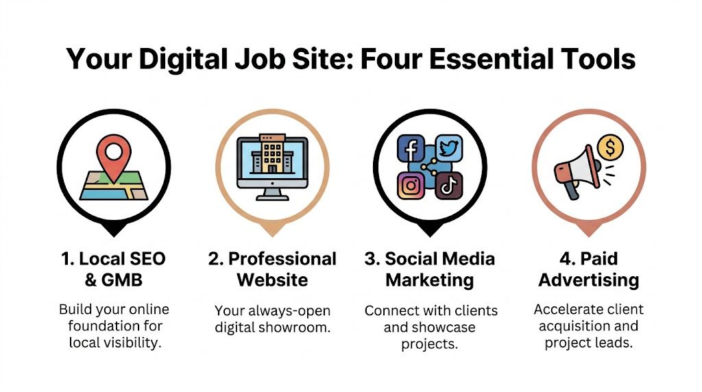An infographic titled Your Digital Job Site showing four essential marketing tools for construction companies.