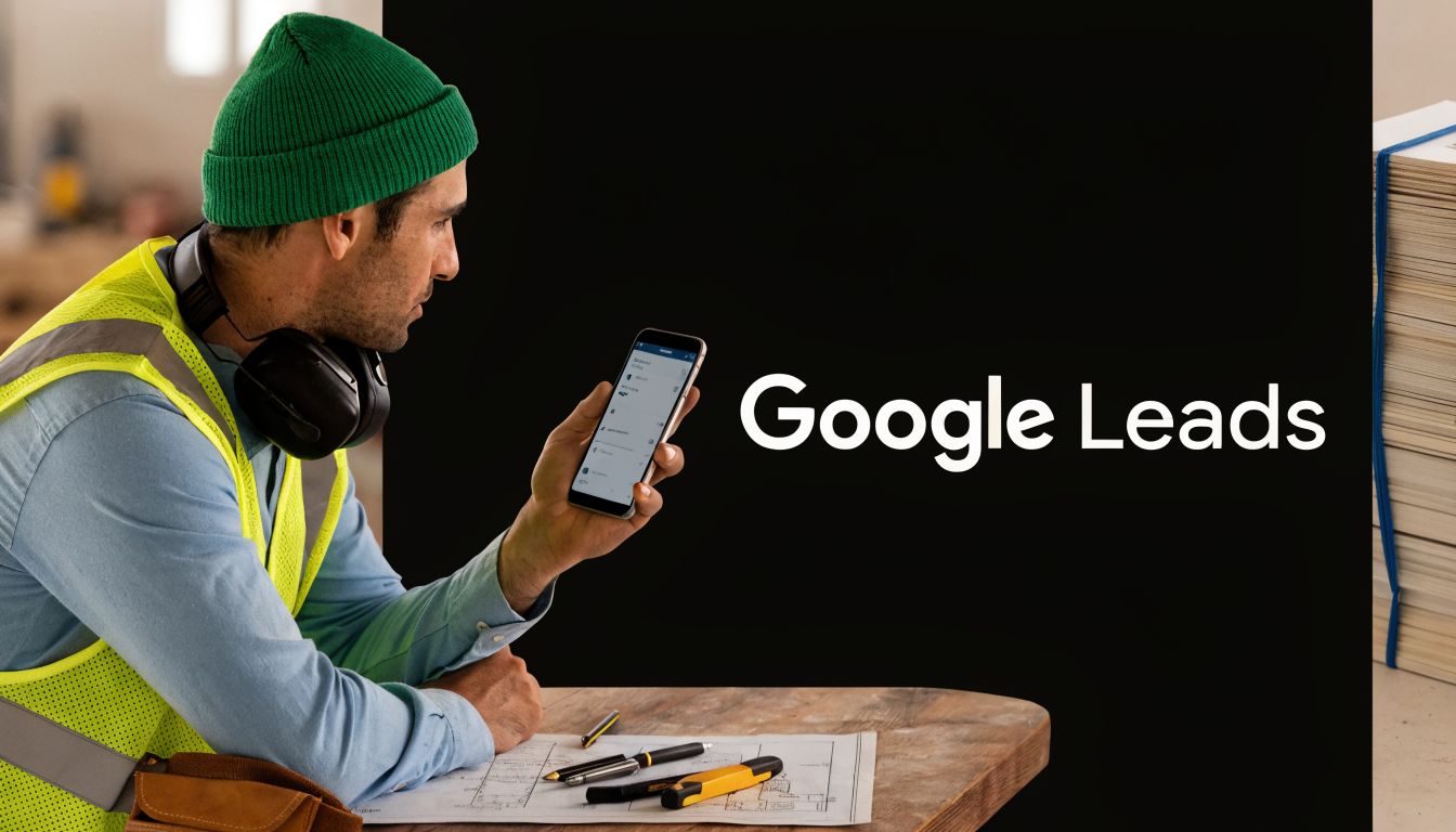 A construction professional reviewing Google Leads on a smartphone while sitting at a table with blueprints.