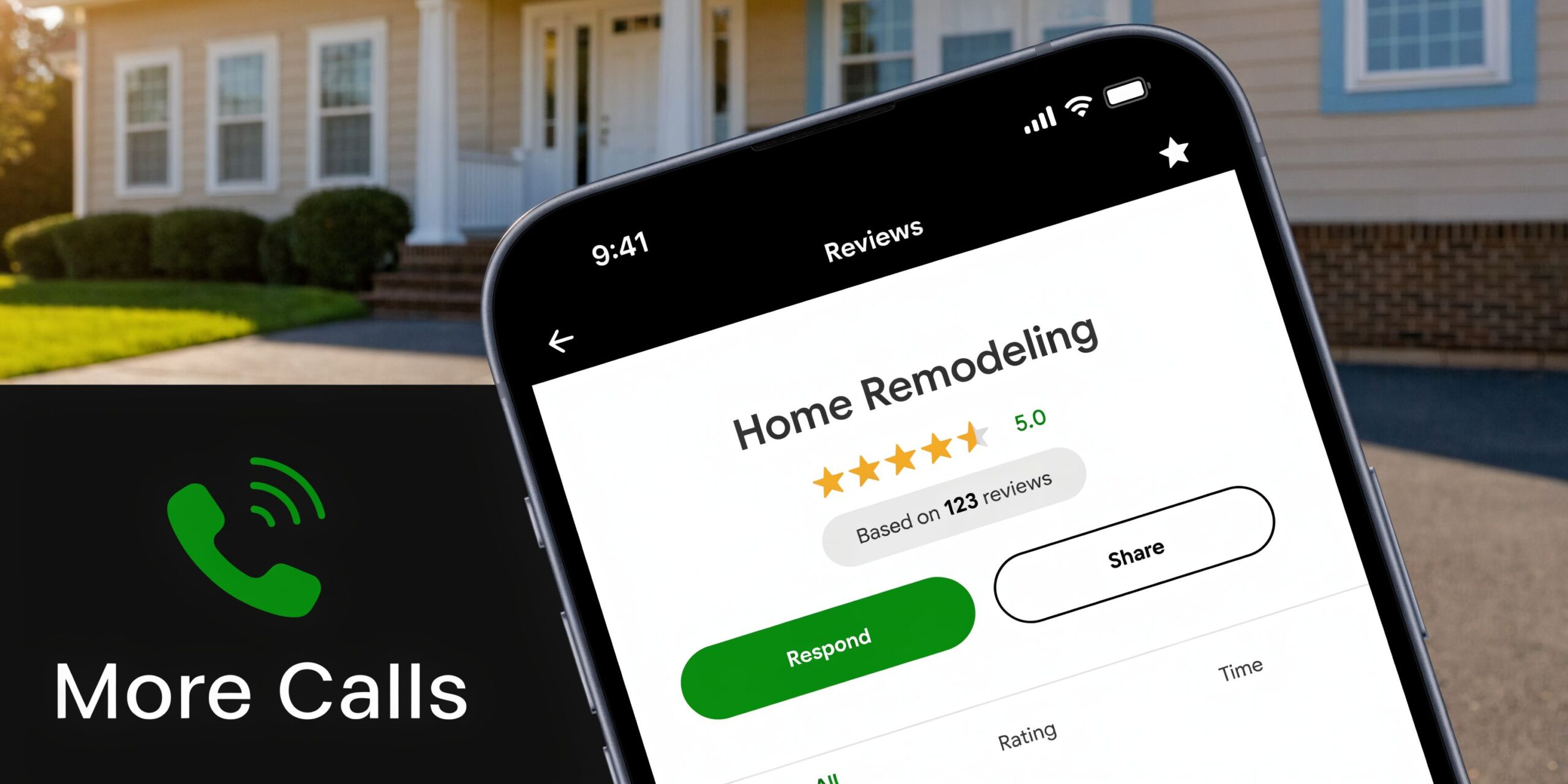 A smartphone screen displaying a positive five-star review profile for a home remodeling business service provider.