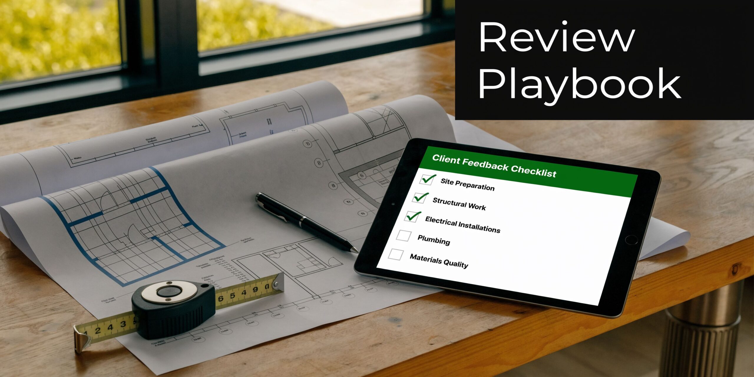 A digital tablet displaying a client feedback checklist sits on architectural blueprints beside a tape measure.