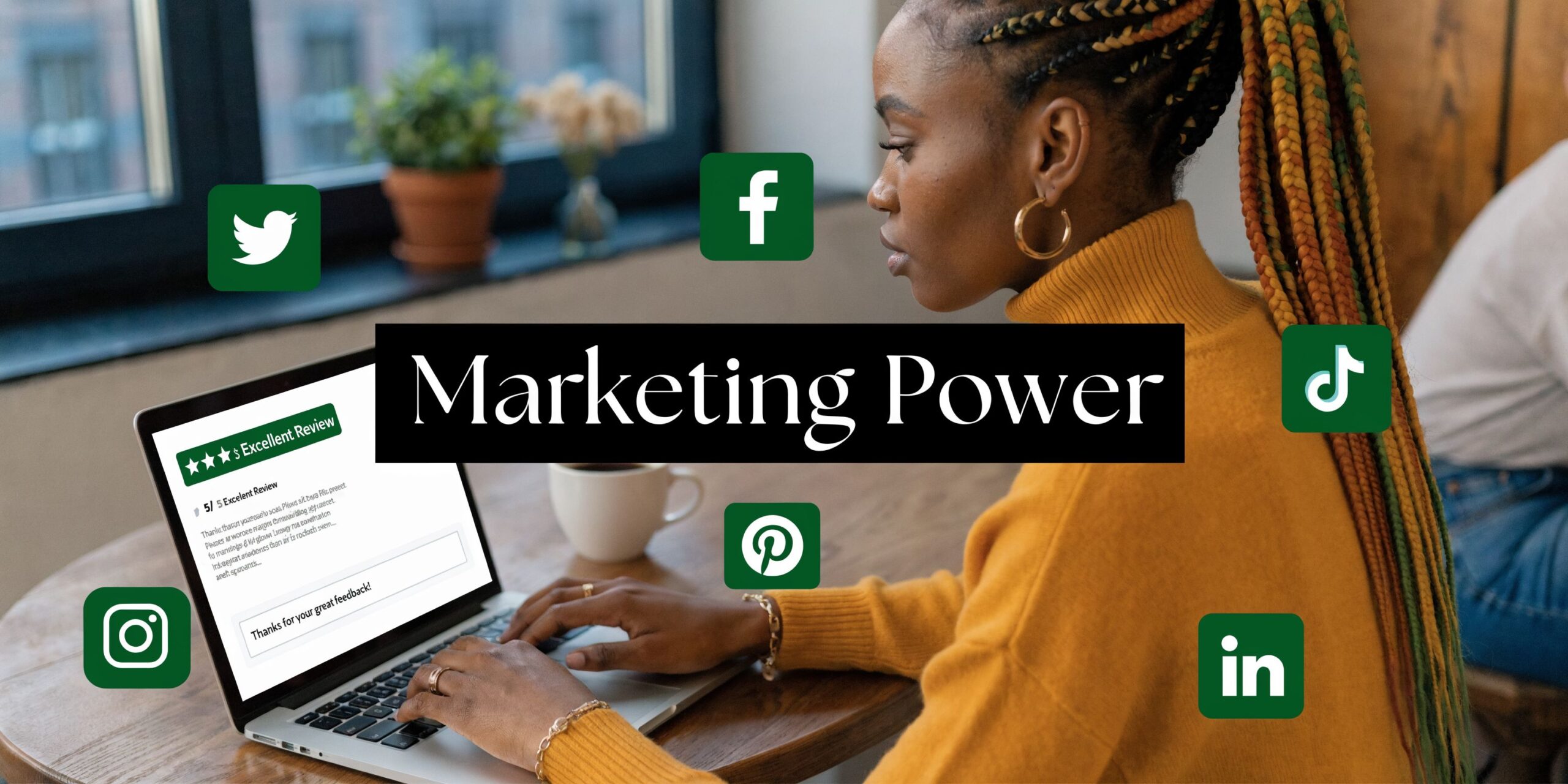 A woman working on a laptop with social media icons representing digital marketing and online customer reviews.
