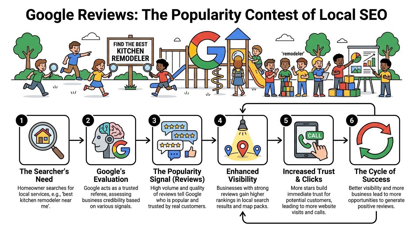 A diagram illustrating how Google reviews influence local SEO through a cycle of search, evaluation, and success.