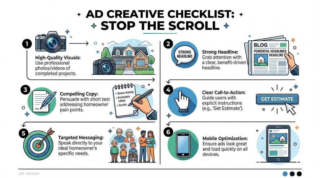 A six-point infographic illustrating a checklist for creating effective Facebook advertisements for home contractor projects.