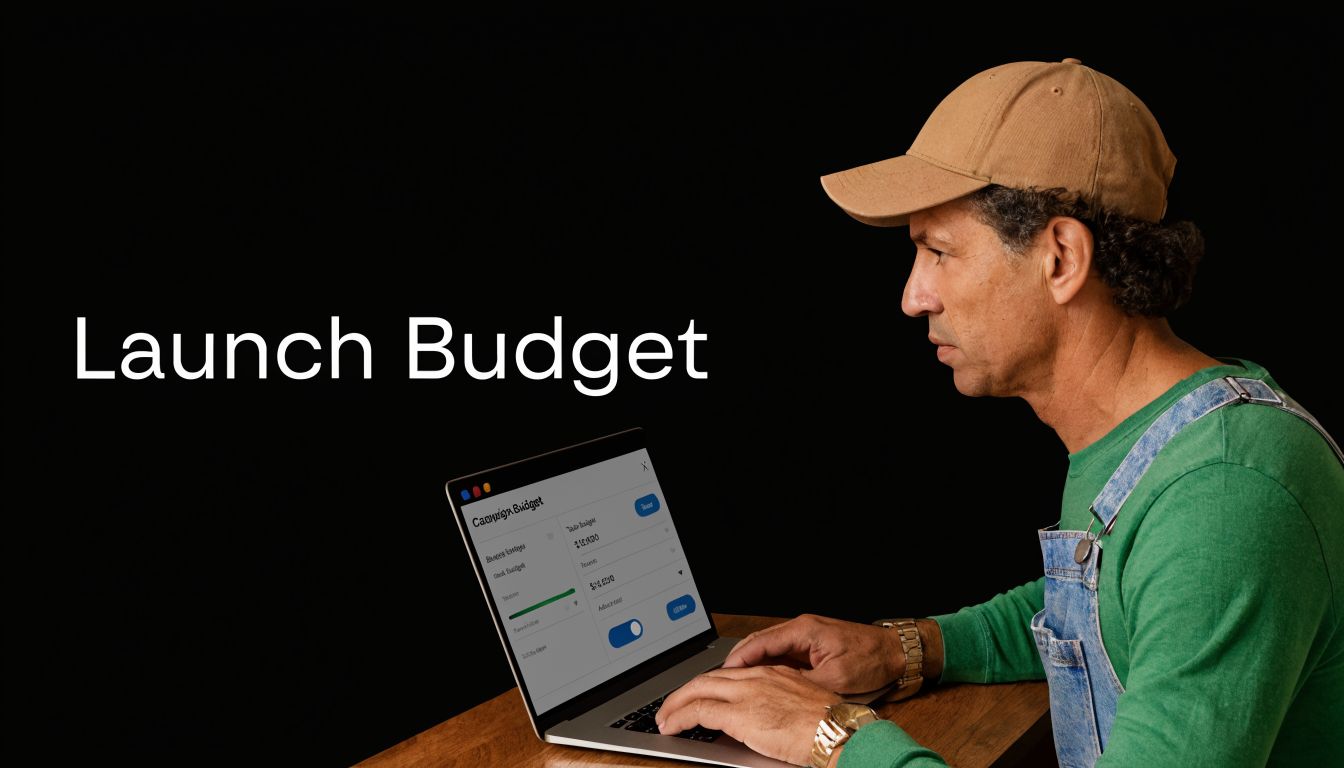 A man in overalls using a laptop to manage his construction business marketing and advertising campaign budget.
