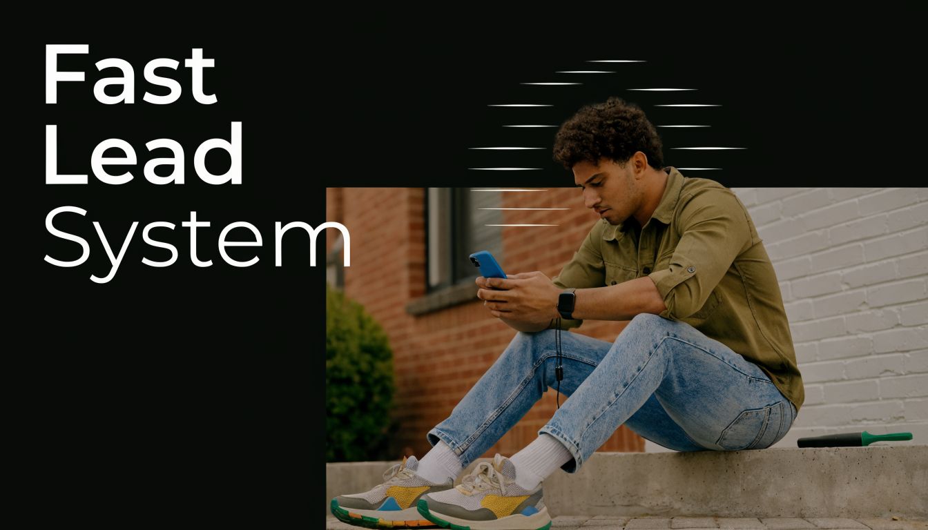 A young man sitting outside while looking at his smartphone, next to the words Fast Lead System.