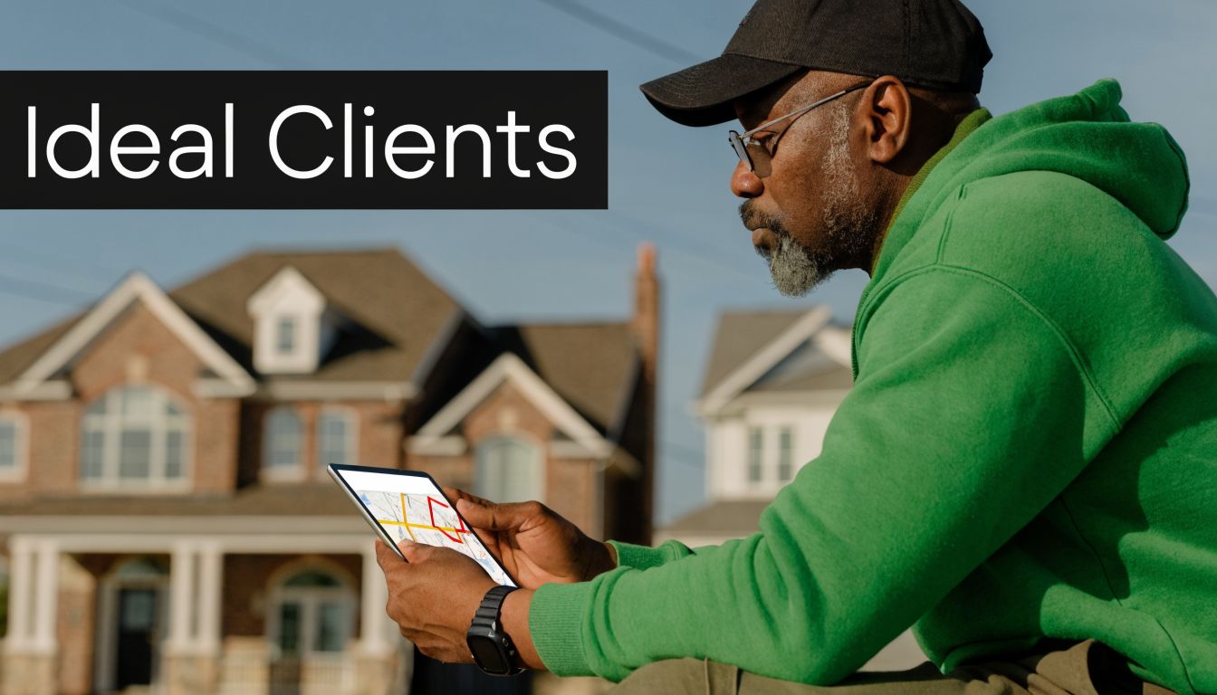 A professional man checking property locations on a digital tablet in front of a residential home.