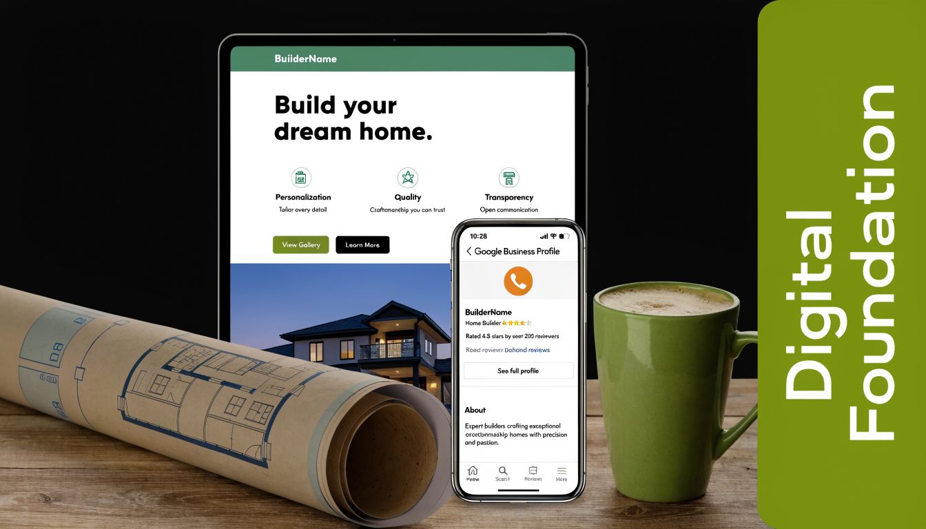 A digital tablet and smartphone showcasing builder marketing materials on a wooden desk with a coffee mug.