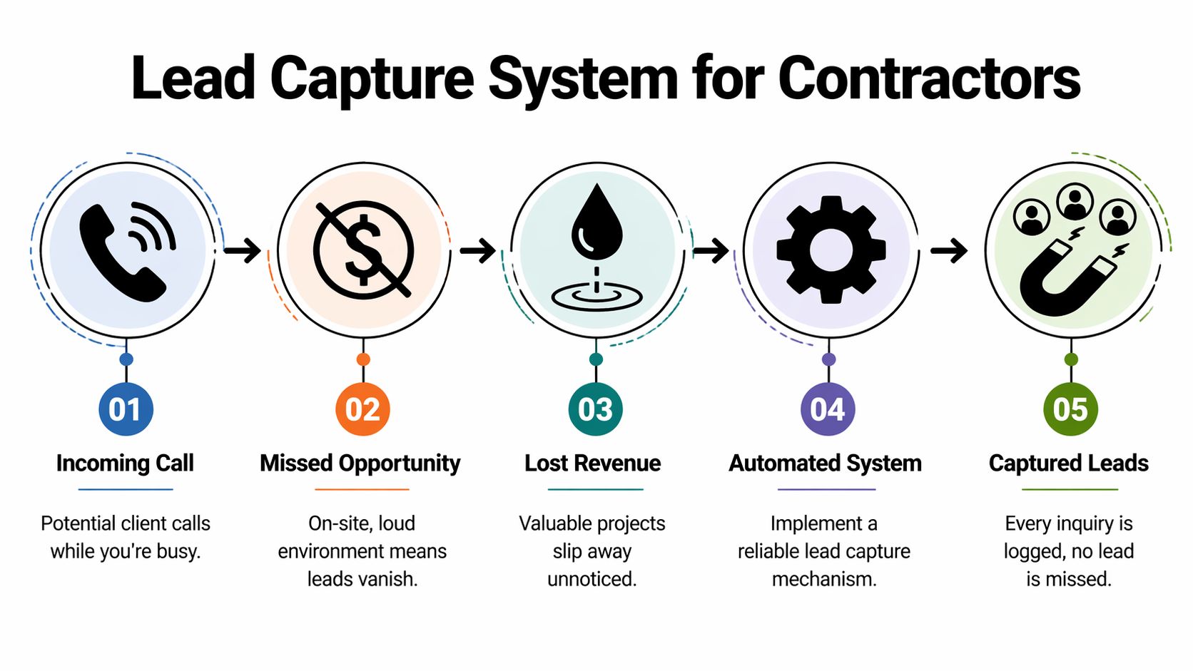 A five-step flowchart illustrating how a lead capture system helps contractors prevent missed business opportunities.
