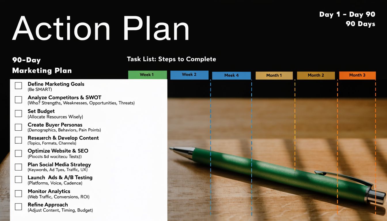 A 90-day marketing action plan checklist with columns for planning tasks on a wooden desk background.