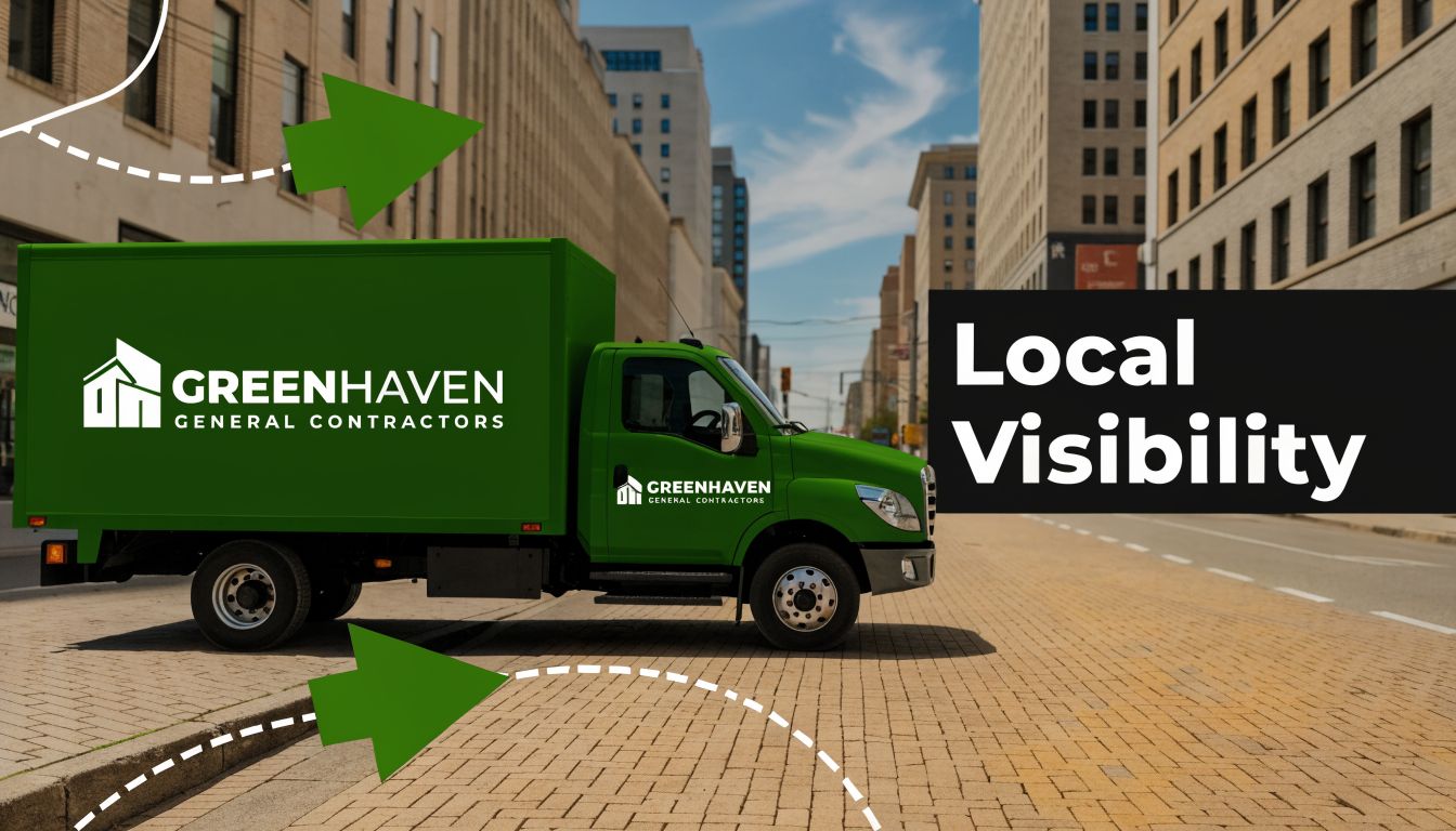 A green Greenhaven General Contractors moving truck parked on a brick city street to demonstrate brand visibility.