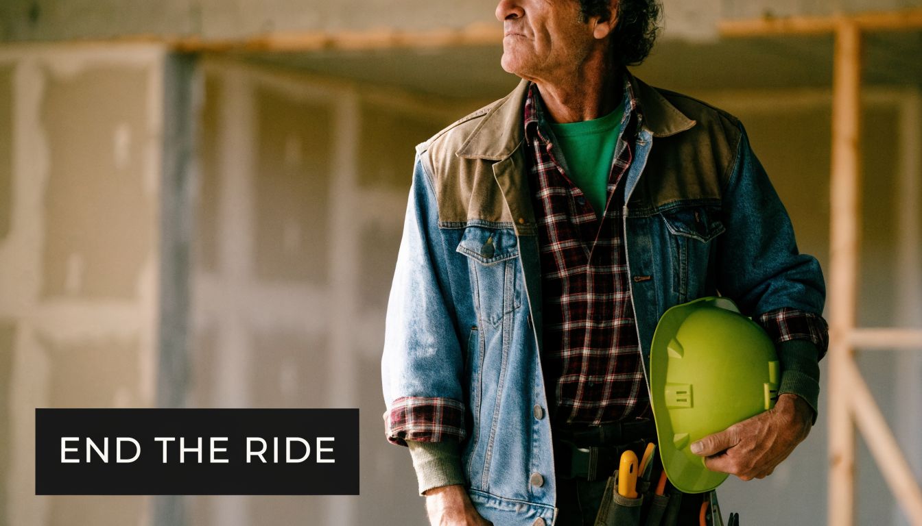 A professional construction worker stands on a job site holding a green hard hat and tools.