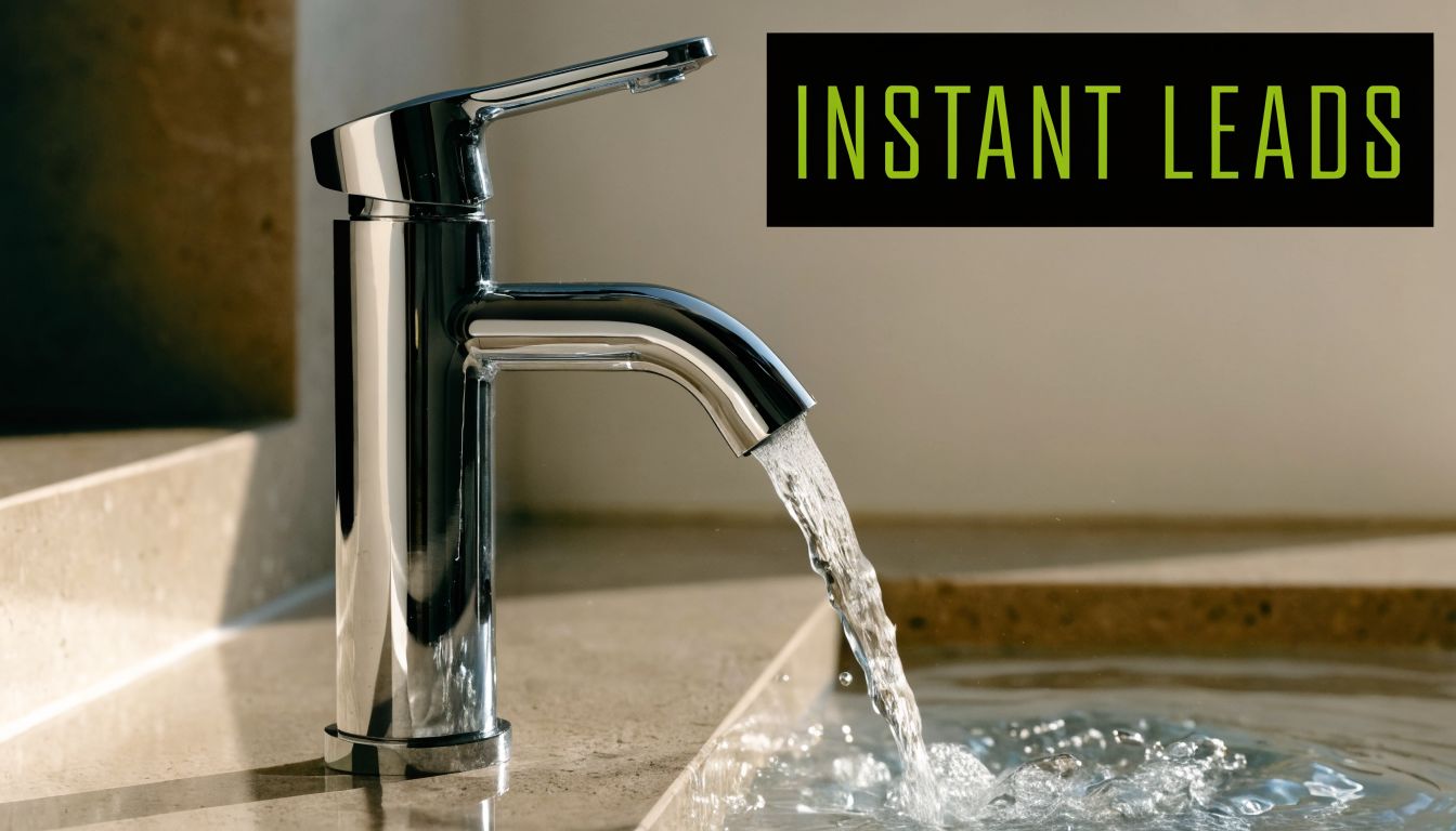 A chrome bathroom faucet flowing with water, representing the concept of lead generation for home service contractors.