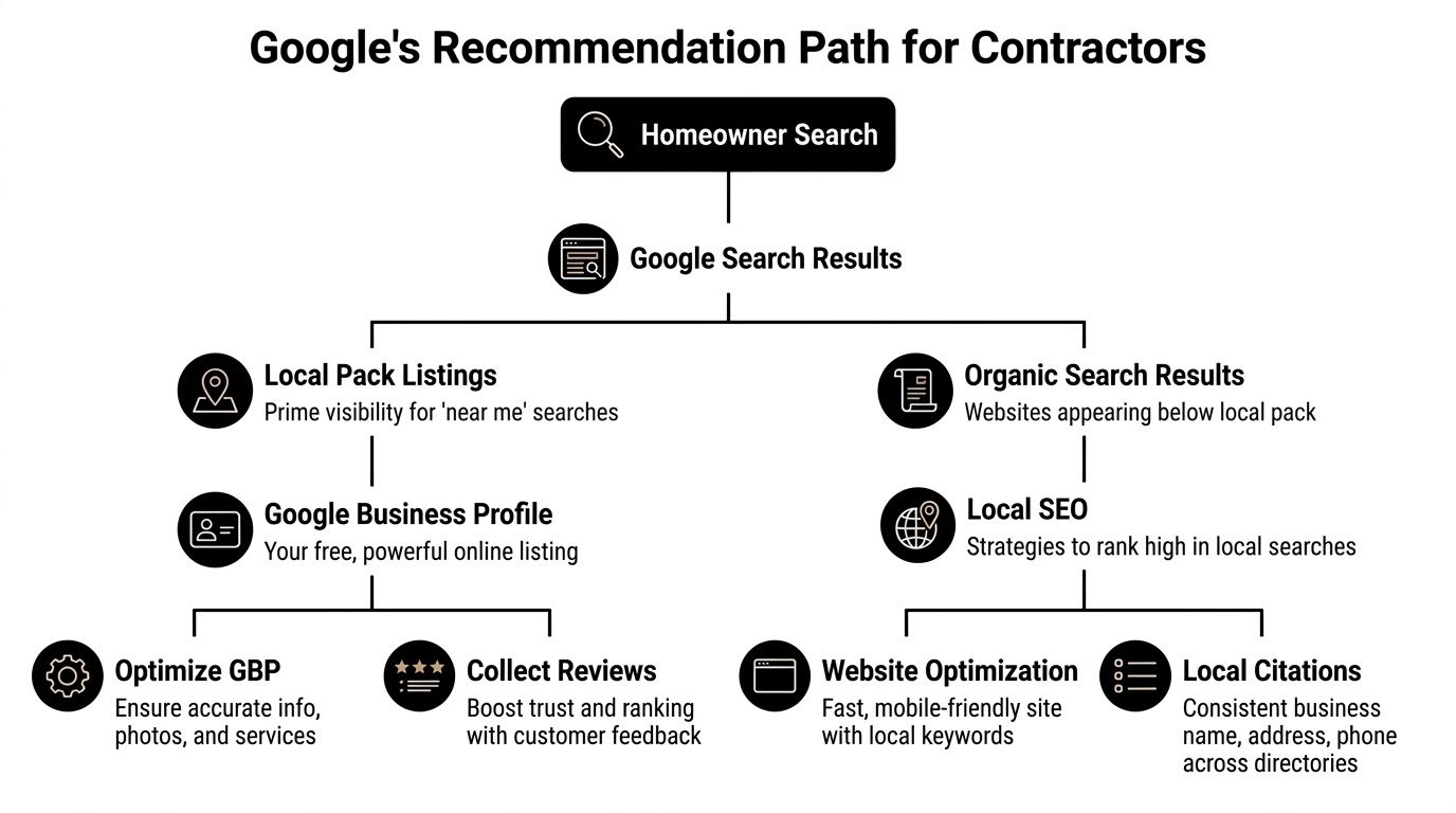 A flowchart showing Google's recommendation path for contractors to improve local SEO and generate more leads.