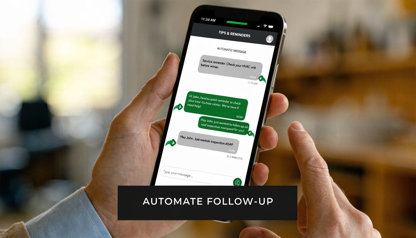 A person holding a smartphone displaying automated customer follow-up text messages on a mobile app interface.