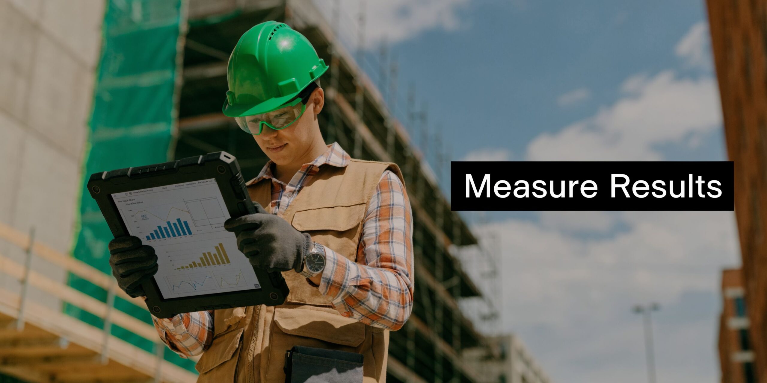 A construction professional reviewing project performance data on a tablet at a sunny building construction site.