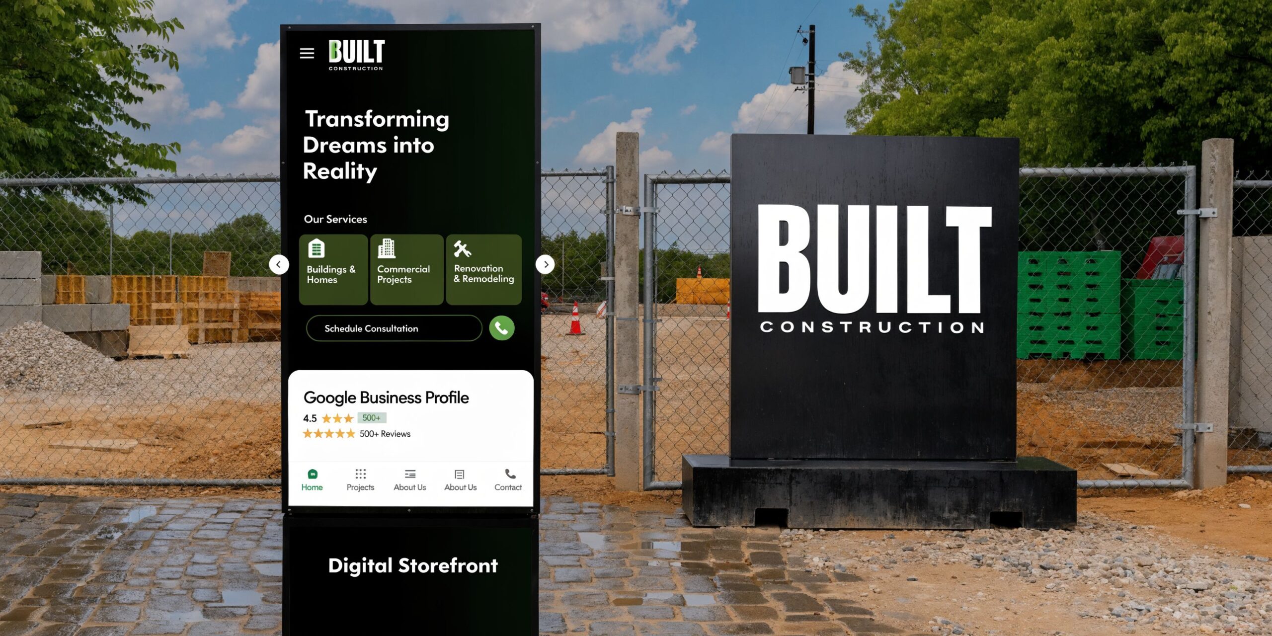 A digital screen display showcasing Built Construction services in front of an active construction site development area.