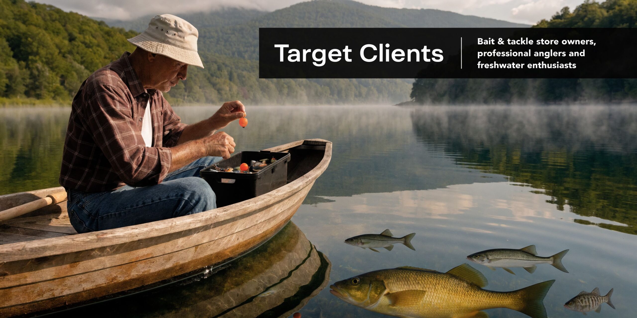 A senior man fishing from a wooden boat on a calm, misty lake at sunrise.