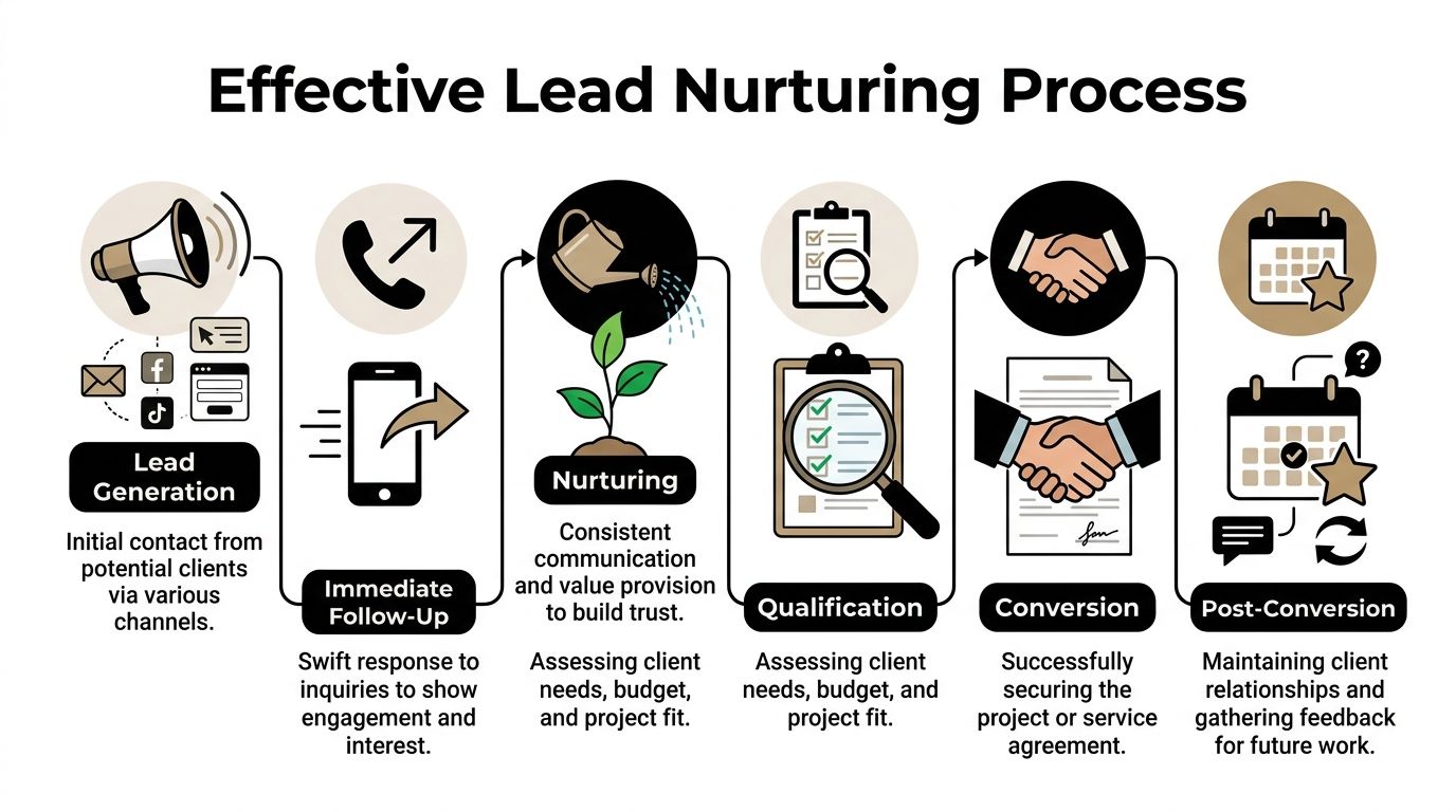 A professional flowchart illustrating the six key steps of an effective lead nurturing process for businesses.