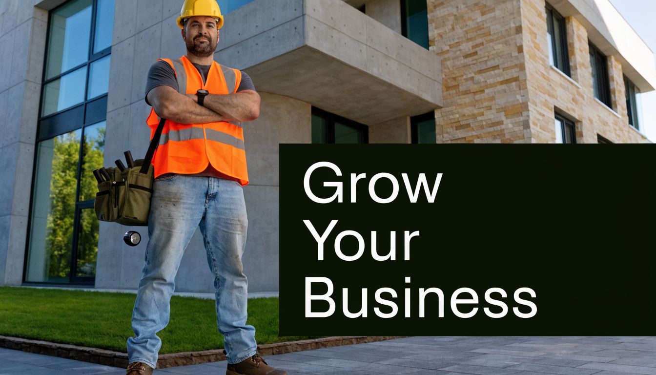 A professional construction contractor wearing a safety helmet and reflective vest standing in front of a building.
