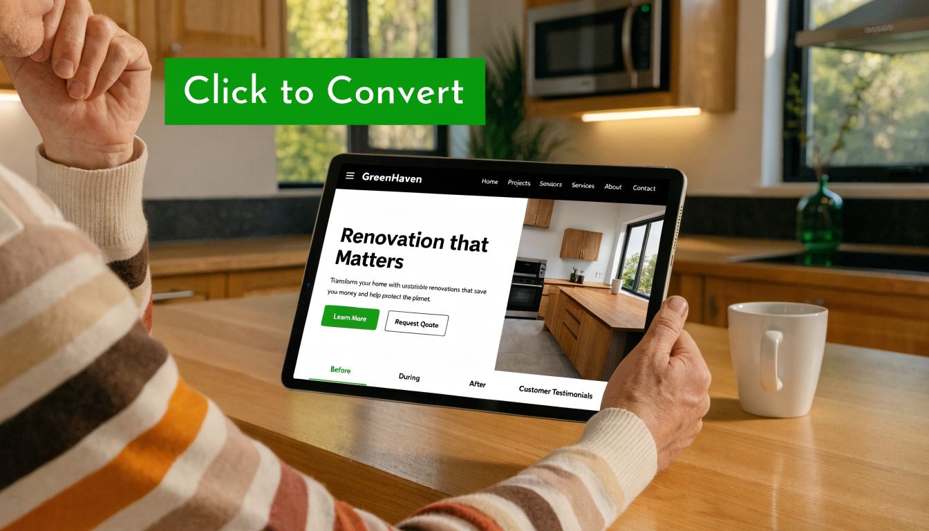 A person viewing a home renovation website on a tablet in a wooden kitchen setting.