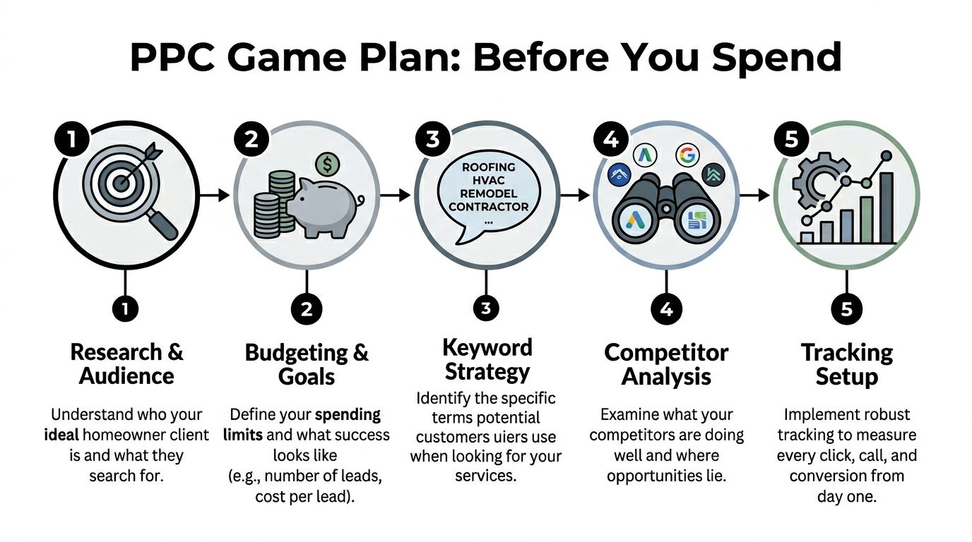 An infographic titled PPC Game Plan outlining five essential steps for contractors before starting paid advertising.
