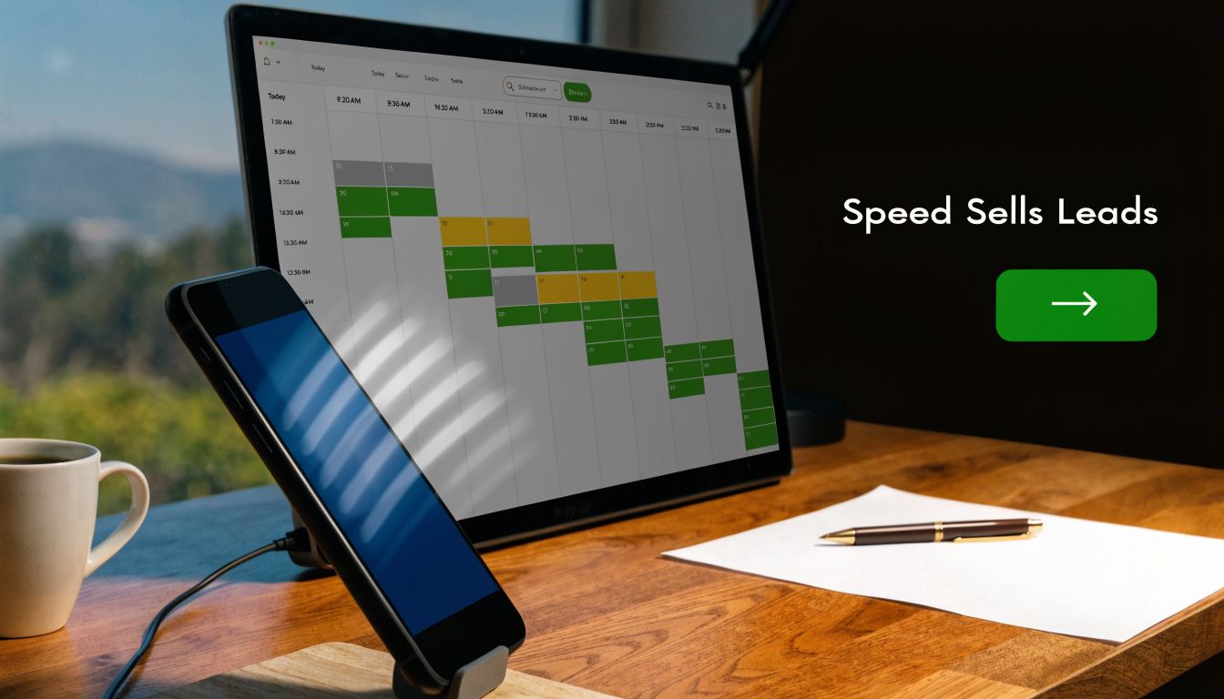 A modern workspace with a laptop displaying a scheduling calendar alongside a smartphone and a pen.