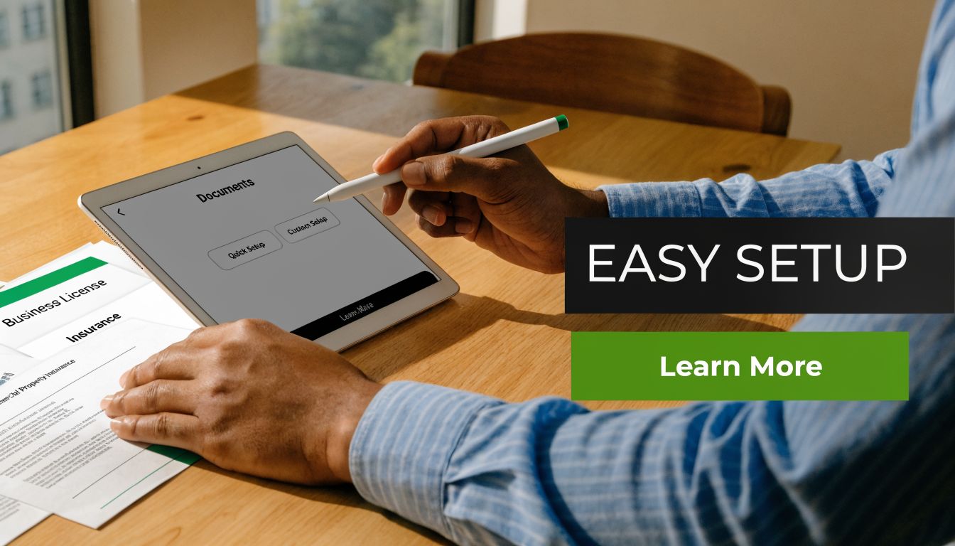 A person using a stylus on a digital tablet to set up business documents and insurance papers.