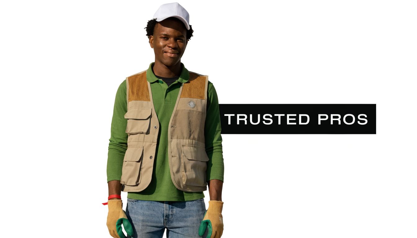 A friendly male worker wearing a vest and cap smiling next to the text Trusted Pros.
