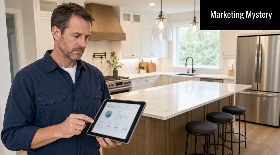 A middle-aged man standing in a modern kitchen while reviewing marketing analytics on a digital tablet.