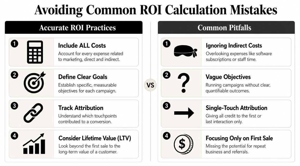 A comparison chart showing four accurate ROI practices versus four common pitfalls in marketing ROI calculation.