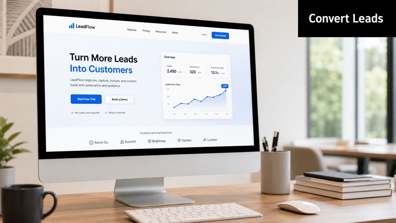 A modern computer display showing the LeadFlow landing page designed to help businesses convert leads into customers.