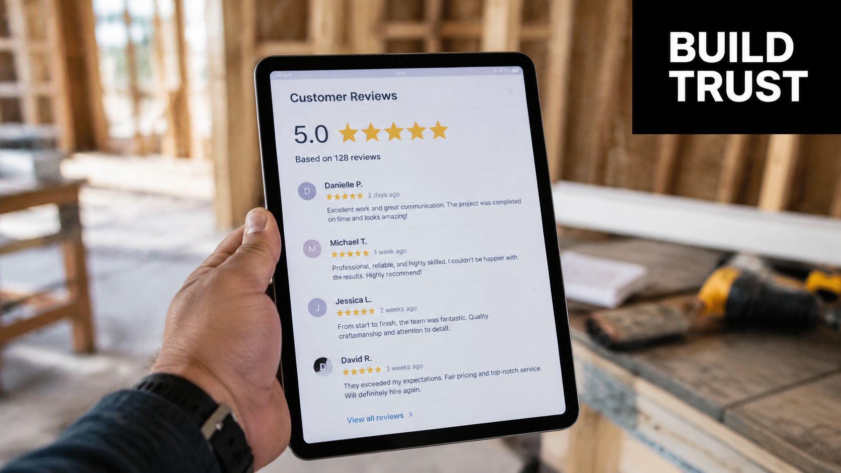 A hand holding a tablet displaying a 5-star customer review page for a construction contractor business.