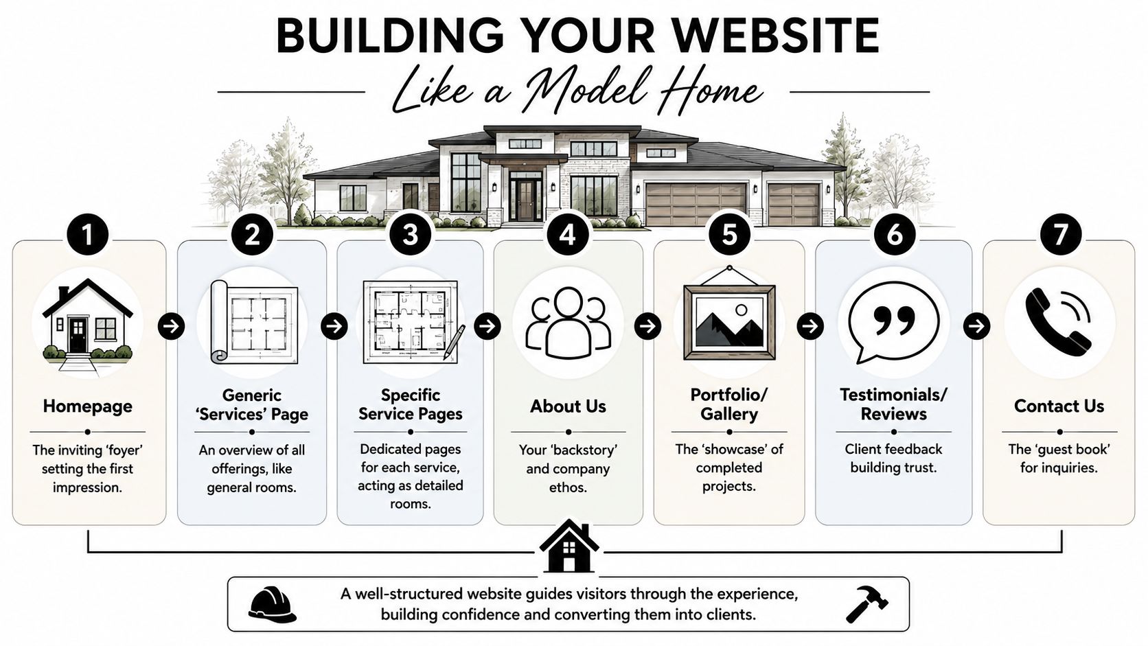 An infographic titled Building Your Website Like a Model Home outlining seven essential steps for contractor websites.