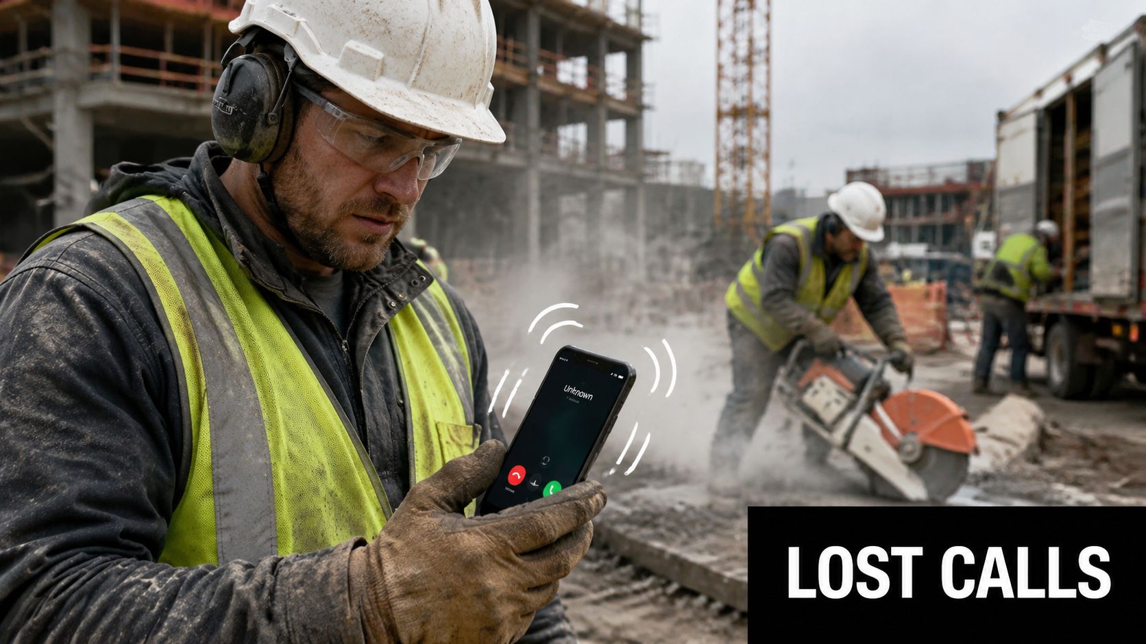 A construction worker in safety gear looking at a phone screen showing an unknown incoming call.