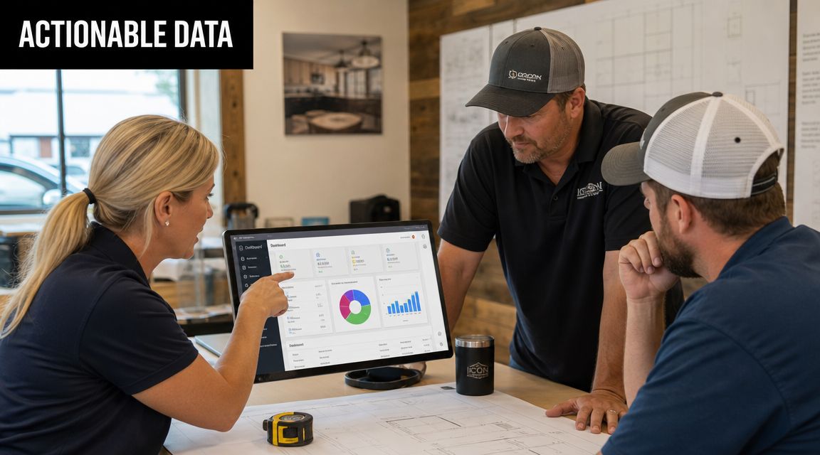 A team of professionals collaborating while reviewing actionable project data on a computer dashboard in an office.