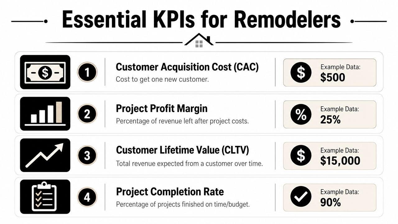 A visual guide listing four essential key performance indicators for remodeling businesses with example data points.