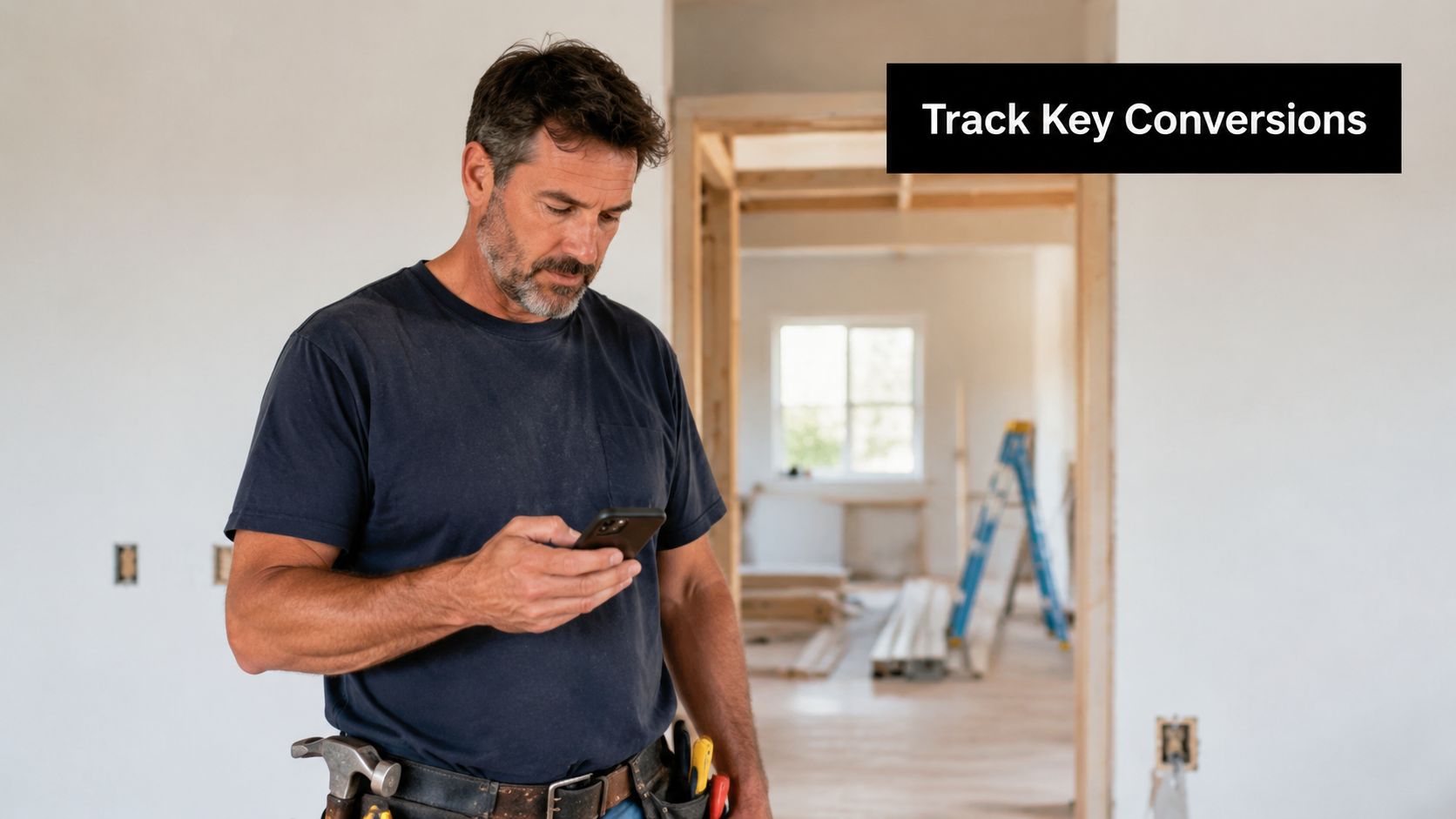 A professional construction worker looking at his smartphone while standing in a room under renovation.